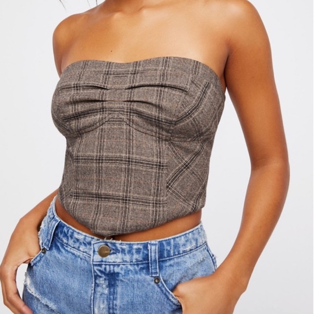 Free People Out West Plaid Corset Top Brown Plaid Sz. 0 Cropped Smocked Back $98